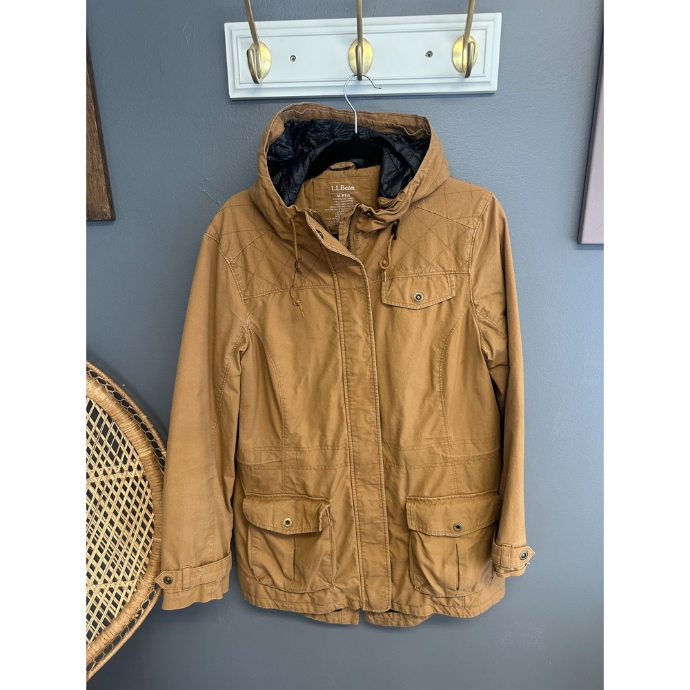 LL Bean Womens Size M Cargo Jacket Field Barn Coat Elbow Patch Pockets Hooded